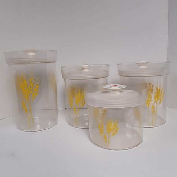 Vintage Retro Kitchen Canisters Push Button Lids Clear Acrylic Golden  Yellow Wheat Spray 1960s-70s 4 Pieces 1 Large 2 Medium 1 Small 