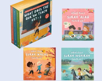 May include: A boxed set of children's books with colorful illustrations. The box reads "What Does The Qur'an Teach Us? - 2" and includes three individual books: "What Does Surah 'Alaq Teach Us?", "What Does Surah Ikhlas Teach Us?", and "What Does Surah Inshirah Teach Us?"