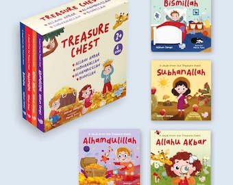 May include: A set of four colorful children's books with illustrations of children and animals. The books are titled "Bismillah", "SubhanAllah", "Alhamdulillah", and "Allahu Akbar". The books are part of a series called "Treasure Chest".