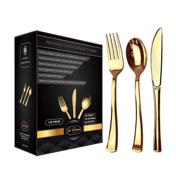 JL Prime 120 Gold Plastic Silverware Set, Gold Plastic Cutlery Set, Heavy Duty Disposable Utensils, 40 Forks, 40 Spoons, 40 Knives