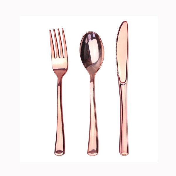 JL Prime 75 Rose Gold Plastic Silverware Set Rose Gold Plastic Cutlery Set Heavy Duty Utensils for Party  Wedding Disposable Rose Gold