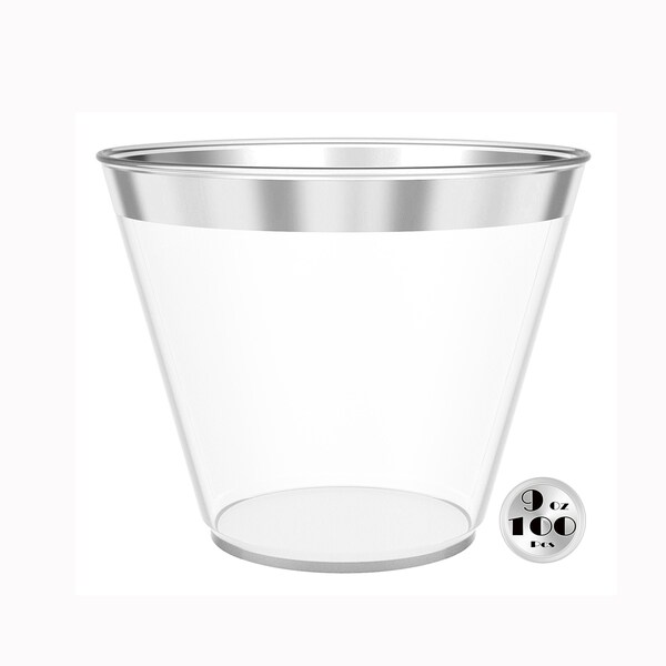 JL Prime 100 Silver Plastic Cups, 9 Oz Heavy Duty Reusable Disposable Silver Rim Clear Cups for Party, Old Fashioned Drinking Tumblers