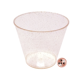 JL Prime 100 Rose Gold Glitter Plastic Cups, 9 Oz Heavy Duty Reusable Disposable Rose Gold Glitter Clear Plastic Cups