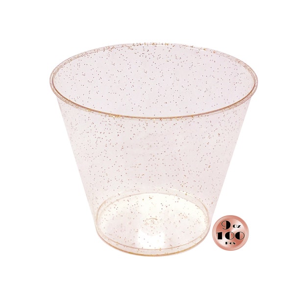 JL Prime 100 Rose Gold Glitter Plastic Cups, 9 Oz Heavy Duty Reusable Disposable Rose Gold Glitter Clear Plastic Cups