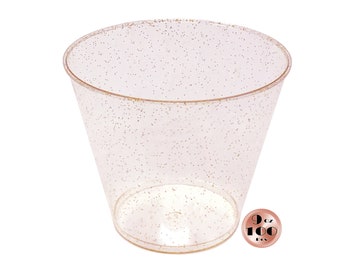 JL Prime 100 Rose Gold Glitter Plastic Cups, 9 Oz Heavy Duty Reusable Disposable Rose Gold Glitter Clear Plastic Cups