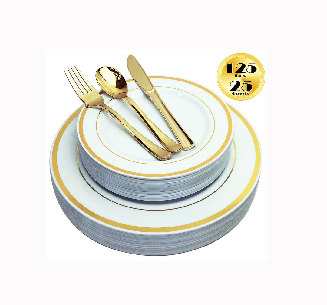 JL Prime 125 Piece Gold Plastic Plates & Cutlery Set, Heavy Duty