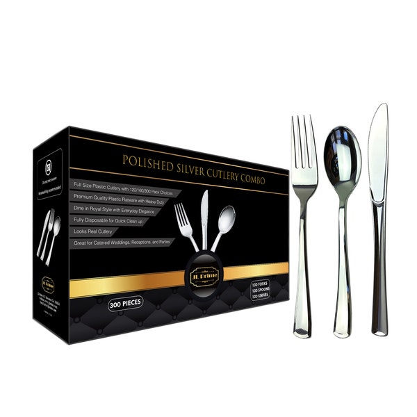 JL Prime 300 Silver Plastic Silverware Set, Silver Plastic Cutlery Set, Heavy Duty Disposable Utensils, 100 Forks, 100 Spoons, 100 Knives