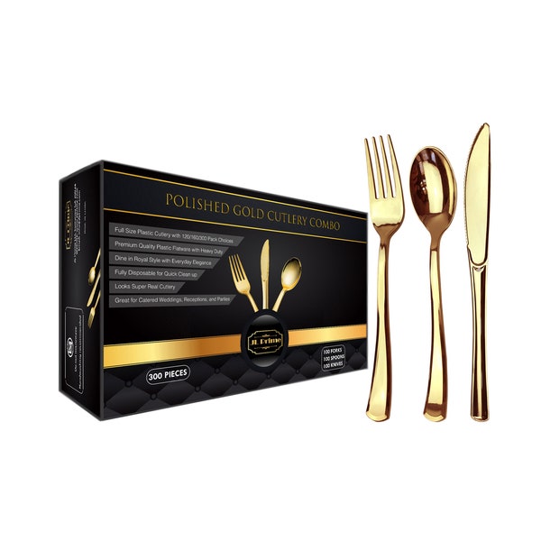 JL Prime 300 Gold Plastic Silverware Set, Gold Plastic Cutlery Set, Heavy Duty Utensils, Disposable Forks, Spoons, Knives, 100 Each