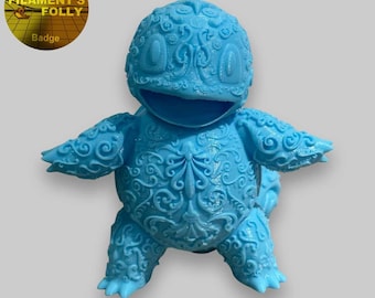 May include: A light blue 3D printed figurine of a Pokemon character with intricate details and a swirling pattern. The figurine is standing on a gray surface.
