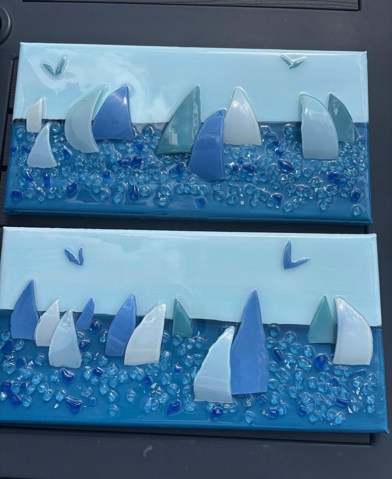 Glass Sailboat Art on 16x8 Canvas - Coastal Wall Decor - Ocean Resin ...
