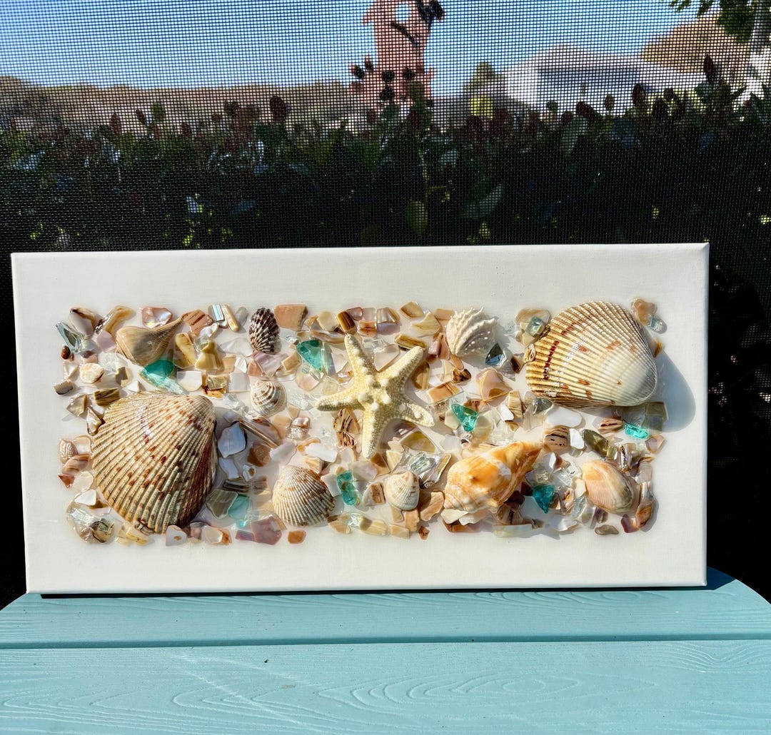 Coastal Seashell & Sea Glass Resin Wall Art – 16x8 Beach Canvas - Etsy