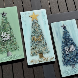 8x16 Fire Glass Christmas Tree Wood Canvas – Coastal & Traditional Holiday Decor – Sold Individually
