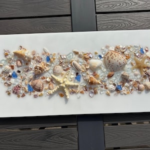 Coastal Seashell & Sea Glass Resin Wall Art – Beach Canvas with Starfish and  Fire Glass