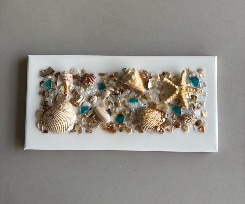 Coastal Seashell & Sea Glass Resin Wall Art – 16x8 or 8x16 Beach Canvas ...