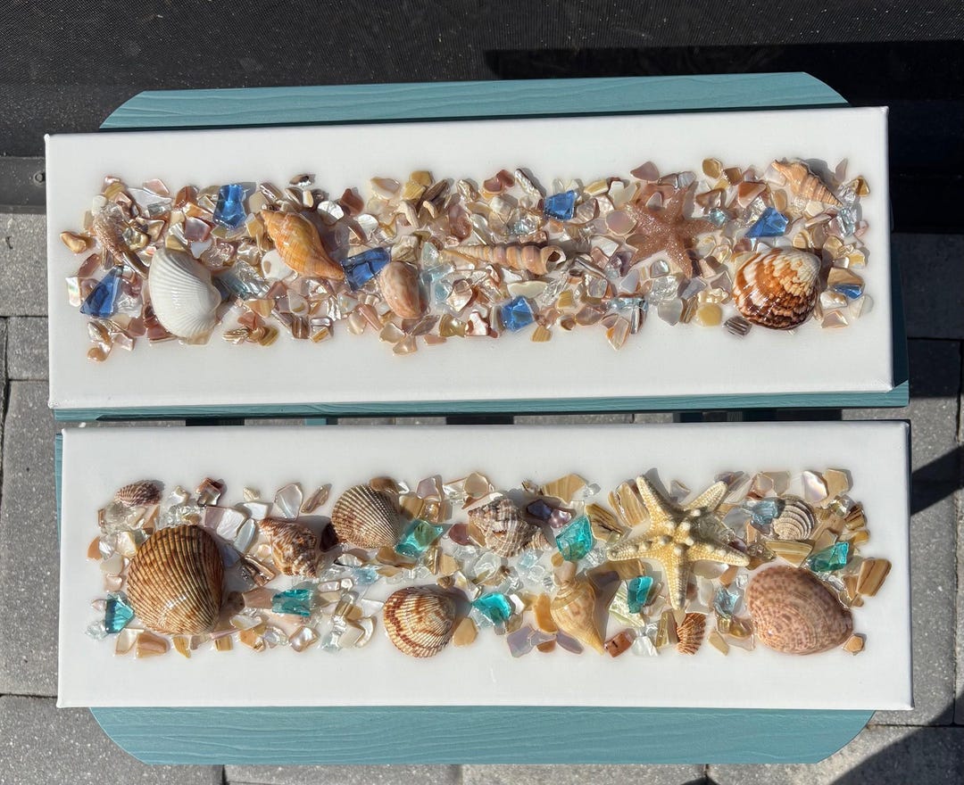 Coastal Seashell & Sea Glass Resin Wall Art – Beach Canvas With ...