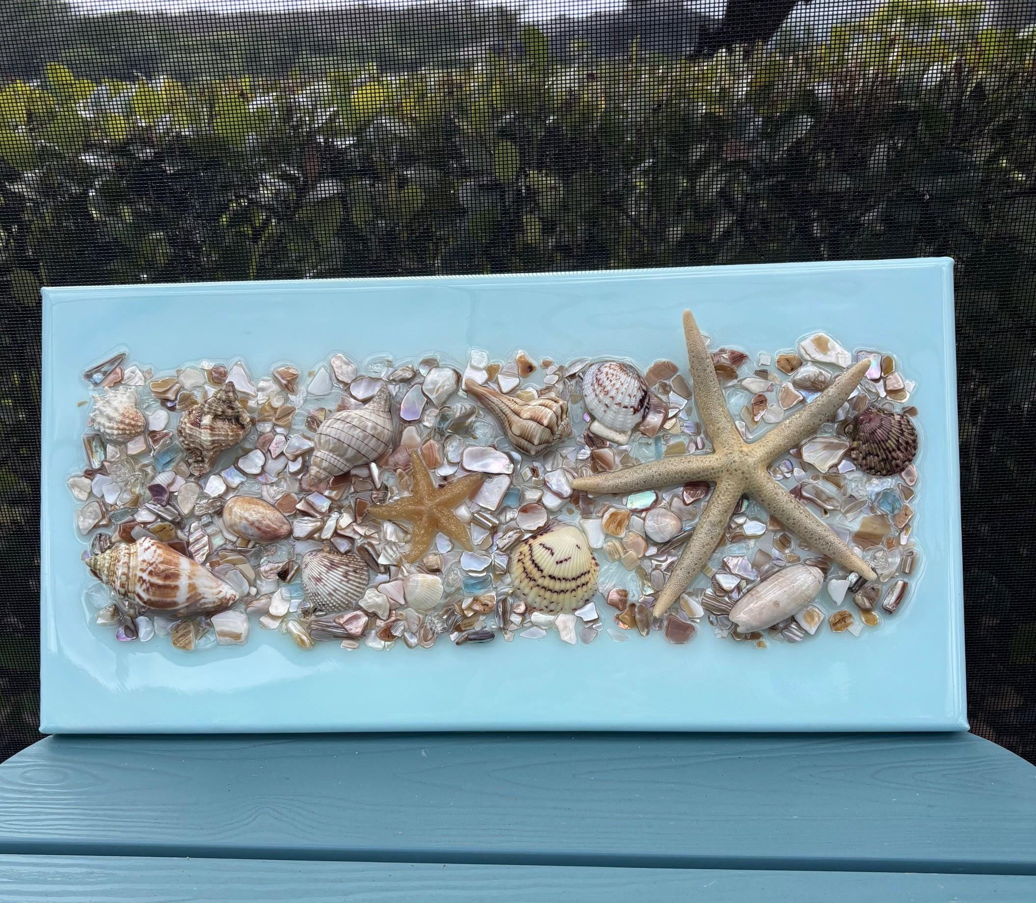 Colorful Coastal Seashell & Sea Glass Resin Wall Art – 16x8 Beach ...
