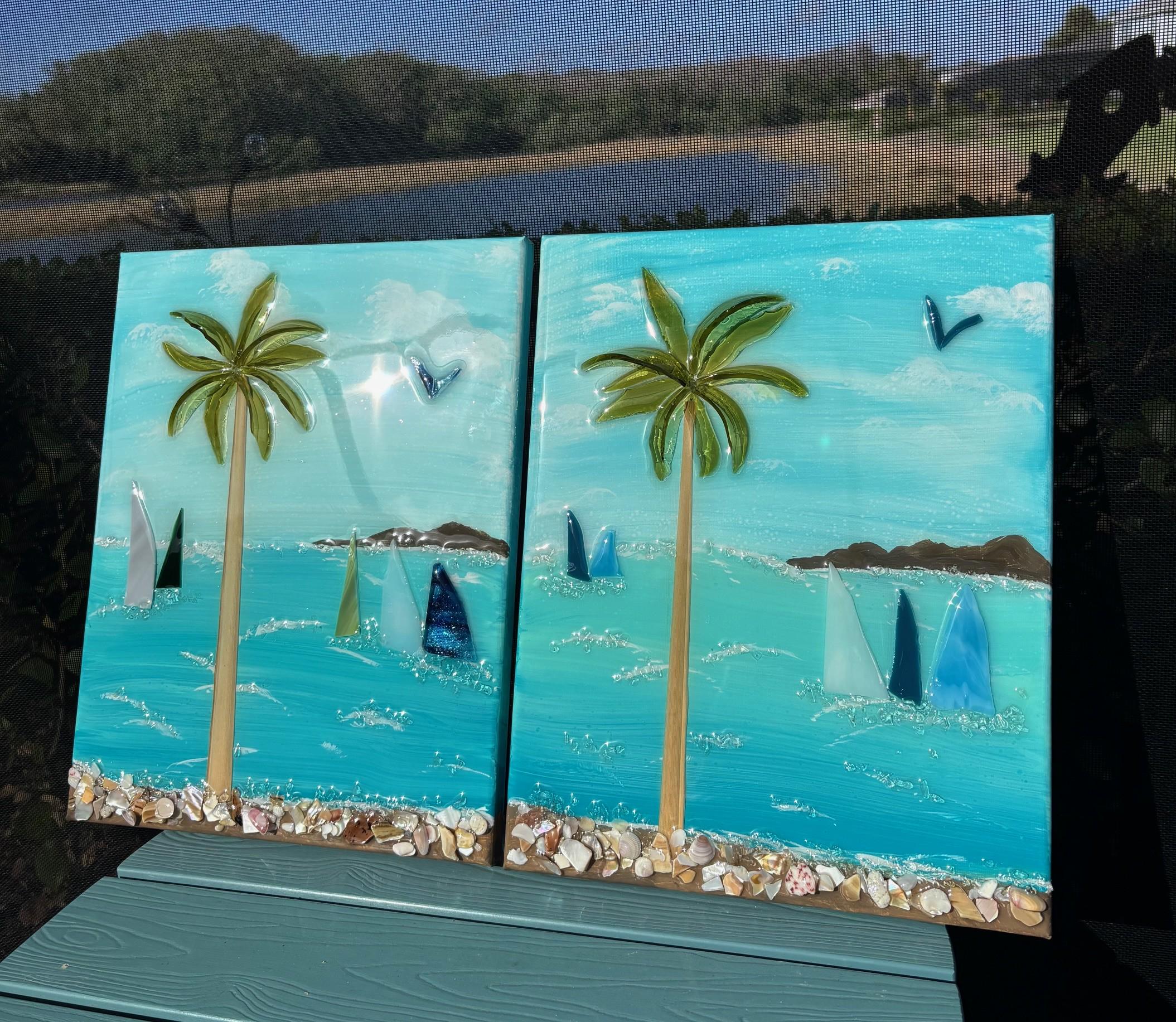 Handcrafted Beach Scene Wall Art - 11x14 Canvas With Shattered Glass ...