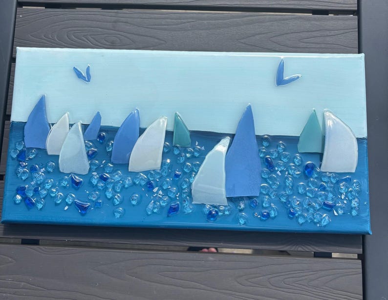 Glass Sailboat Art on 16x8 Canvas - Coastal Wall Decor - Ocean Resin ...