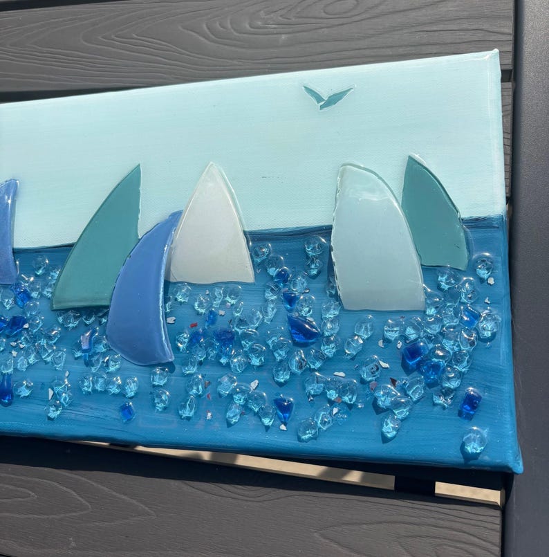 Glass Sailboat Art on 16x8 Canvas - Coastal Wall Decor - Ocean Resin ...