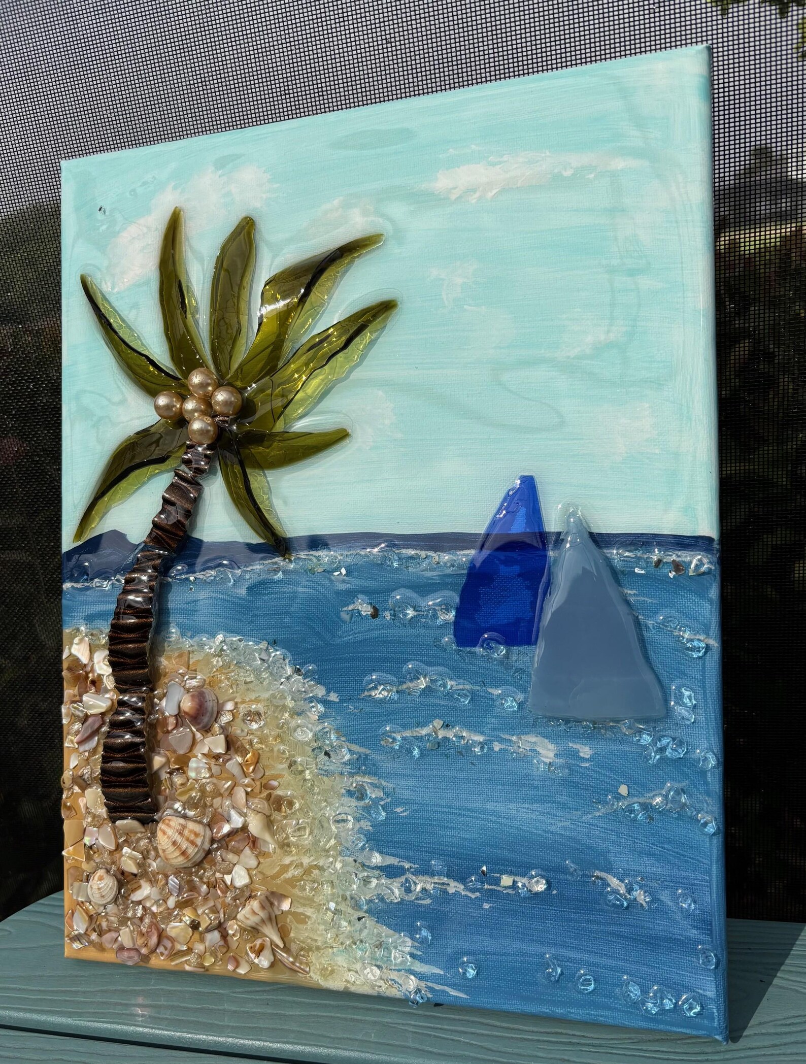 Handcrafted Beach Scene Wall Art - 11x14 Canvas With Shattered Glass ...