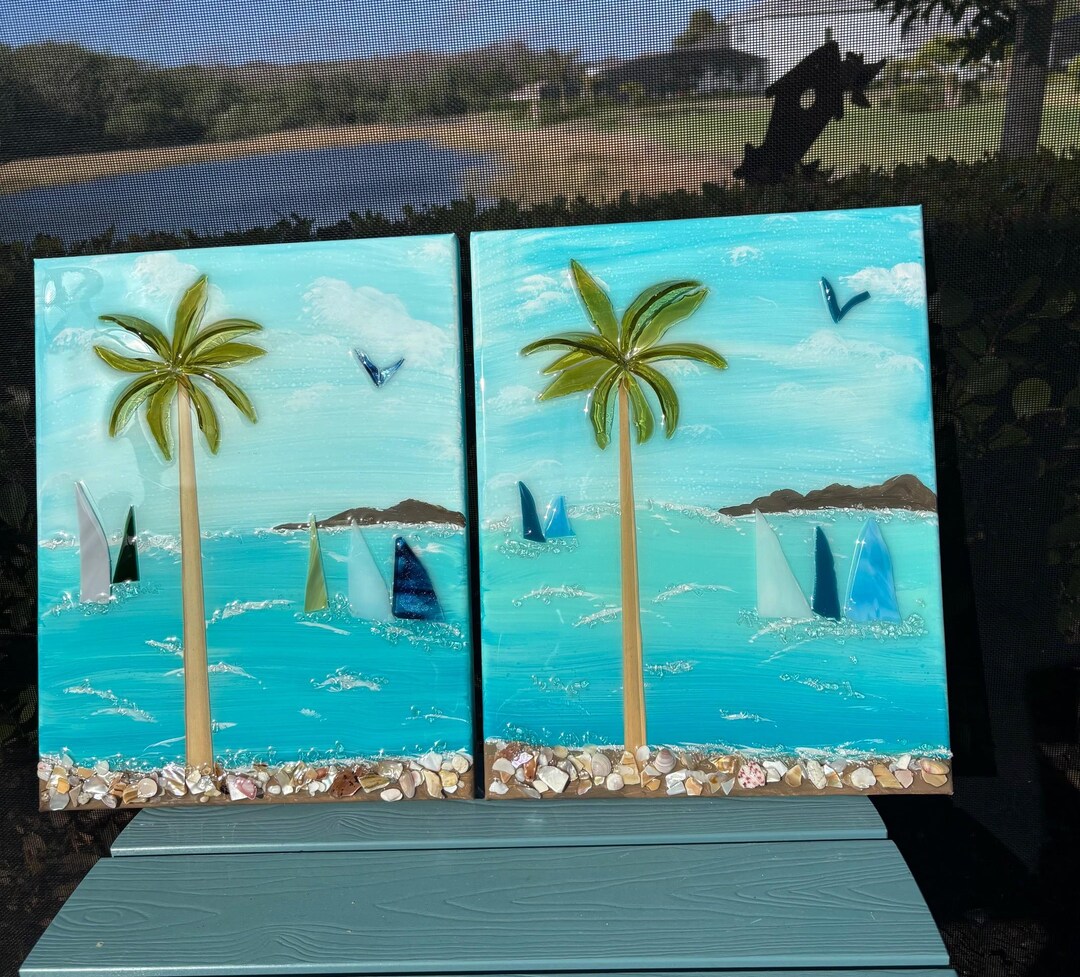 Handcrafted Beach Scene Wall Art - 11x14 Canvas With Shattered Glass ...