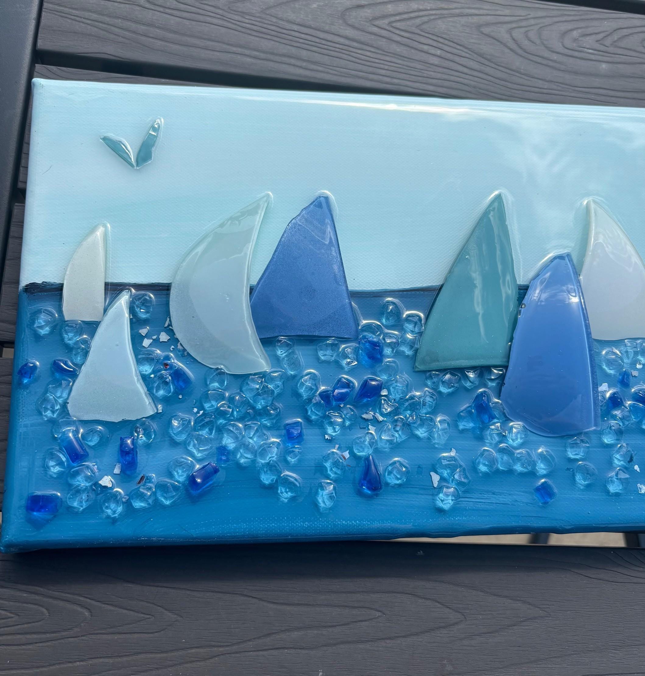 Glass Sailboat Art on 16x8 Canvas - Coastal Wall Decor - Ocean Resin ...