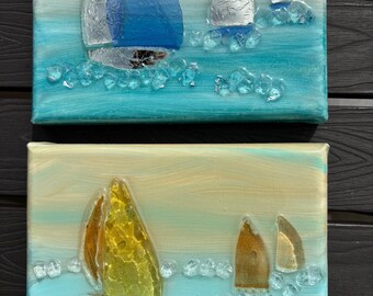 Glass Sailboat Art on 16x8 Canvas - Coastal Wall Decor - Ocean Resin ...
