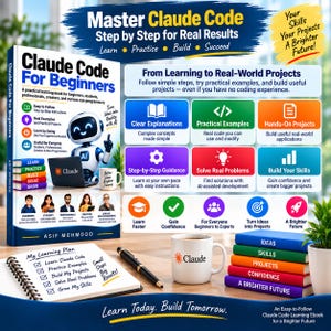Puede incluir: Un libro titulado Claude Code For Beginners de Asif Mehmood, con una ilustración de un robot blanco. Al lado hay un cuaderno de espiral con un plan de aprendizaje escrito a mano, un bolígrafo negro y una taza blanca con el logo de Claude.