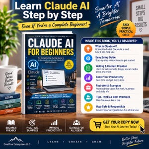 Puede incluir: Un libro titulado Claude AI for Beginners con una portada azul oscuro que muestra una ilustración de un portátil. Al lado, una lista blanca detalla capítulos sobre configuración, creación de contenido, productividad y ética. La portada incluye texto.