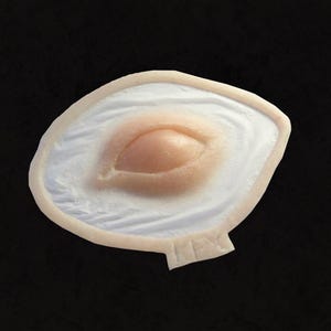 May include: A prosthetic eye with a realistic appearance. The eye is a light peach color with a darker peach iris and a white surrounding area. The prosthetic is set against a black background.