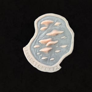 May include: A light blue, irregularly shaped prosthetic with peach-coloured mushroom-like structures. The edges are a light cream colour. The text "BLOODSTONE SFX" is printed on the edge of the prosthetic.