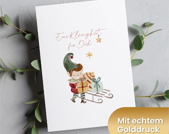 Weihnachtskarte Aquarell & Gold mit Wichtel | Postkarten Set Weihnachten Adventszeit | "Eine Kleinigkeit für Dich"
