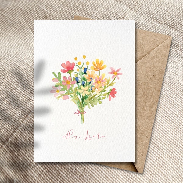 Postkarte, Glückwunschkarte zum Geburtstag, Hochzeit, Taufe Aquarell Blumenstrauß