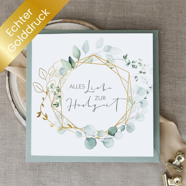 Glückwunschkarte zur Hochzeit mit Eukalyptus-Motiv & Goldeffekt | Klappkarte inkl. Umschlag