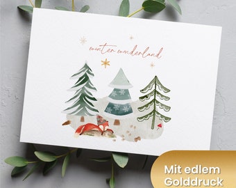 Weihnachtspostkarte mit Tannenbaum und Fuchs im Schnee | Goldveredelung | "merry christmas" | Kartenset Weihnachten Adventszeit