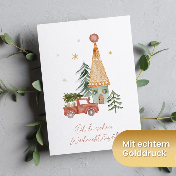 Weihnachtspostkarte mit Tannenbaum & Goldveredelung | "Oh du schöne Weihnachtszeit" | Karten Set Weihnachten | Spruchkarte