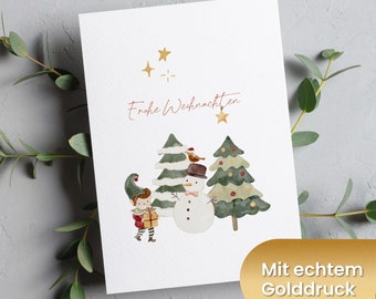 Weihnachtskarte Aquarell und Gold mit Wichtel, Tannenbaum und Schneemann | "Frohe Weihnachten"