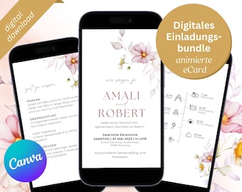 Florale Hochzeitseinladung Set digital | online personalisieren und per WhatsApp versenden | inkl.  Details, Timeline, RSVP und Danksagung