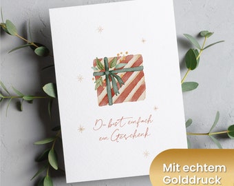 Weihnachtskarte Aquarell & Gold mit Geschenk | Postkartenset Weihnachten Adventszeit | "Du bist ein Geschenk"