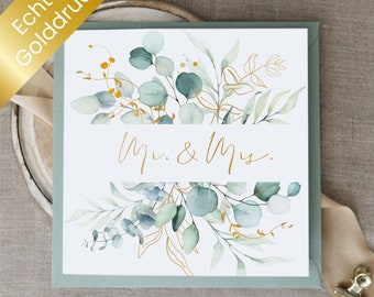 Glückwunschkarte zur Hochzeit "Mr & Mrs" mit Eukalyptus-Motiv und Goldeffekt | Klappkarte inkl. Umschlag