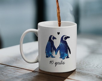 10th Anniversary Relationship/Marriage Gift Mug For Couples | Love Penguins Together For Ten Years - Give It To Your Girlfriend Or Boyfriend