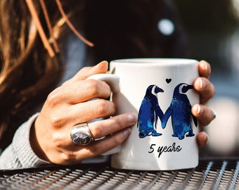 5th Anniversary Relationship/Marriage Gift Mug For Couples | Love Penguins Together For Five Years - Give It To Your Girlfriend Or Boyfriend