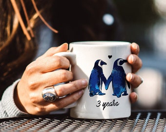 3rd Anniversary Relationship/Marriage Gift Mug For Couples | Love Penguins Together For Three Years -Give It To Your Girlfriend Or Boyfriend