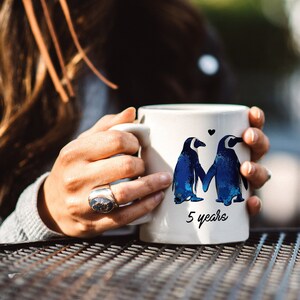 5th Anniversary Relationship/Marriage Gift Mug For Couples | Love Penguins Together For Five Years - Give It To Your Girlfriend Or Boyfriend