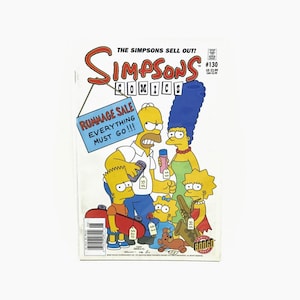 May include: The Simpsons comic book cover features the family having a rummage sale. Homer, Marge, Bart, Lisa, Maggie, and a teddy bear are all holding items with price tags. The cover text reads "The Simpsons Sell Out!" and "Rummmage Sale Everything Must Go!!!"