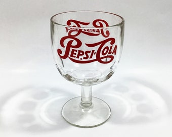 PEPSI COLA Glass Thumbprint Footed Goblet Red Logo 1970s Pedestal Collectible Drinking Glass