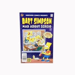 May include: A comic book cover featuring Bart Simpson from The Simpsons. The cover is blue and yellow with the title "Bart Simpson Mad About Sergio" and the number 50. Bart Simpson is holding a spray can and is standing in front of a drawing table with a character named El Barto.