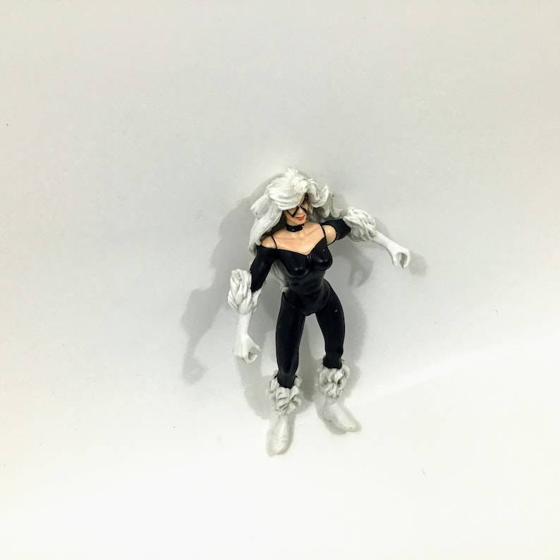 May include: Black Cat action figure with white fur, black clothing, and a black mask. The figure is posed with one arm raised and the other arm bent at the elbow.