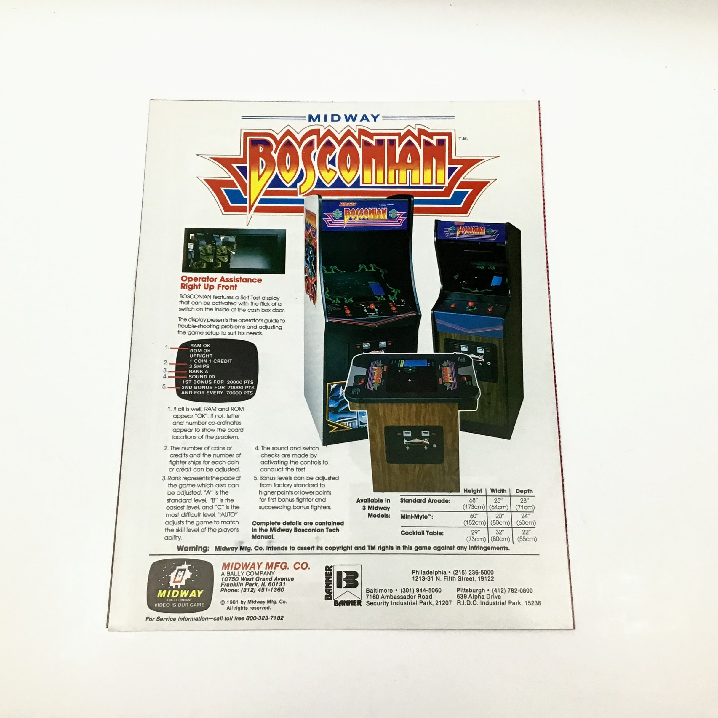 Midway Bosconian Video Game Arcade Flyer - 1981 Midway Arcade