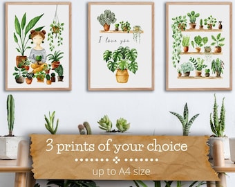 Set of 3 small Prints of your choice | fine art print | botanical watercolor illustration | green wall decoration | poster bundle |gift set